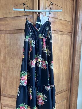 American Eagle Outfitters Black Floral Midi Dress with Pink & Green Accents